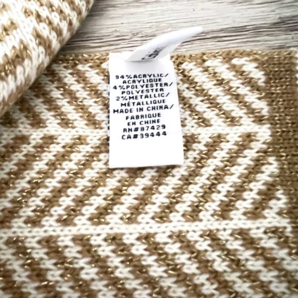New Calvin Klein Hat Beanie Scarf Set Ivory Metallic Gold Herringbone Knit 2 Pc - Picture 9 of 10